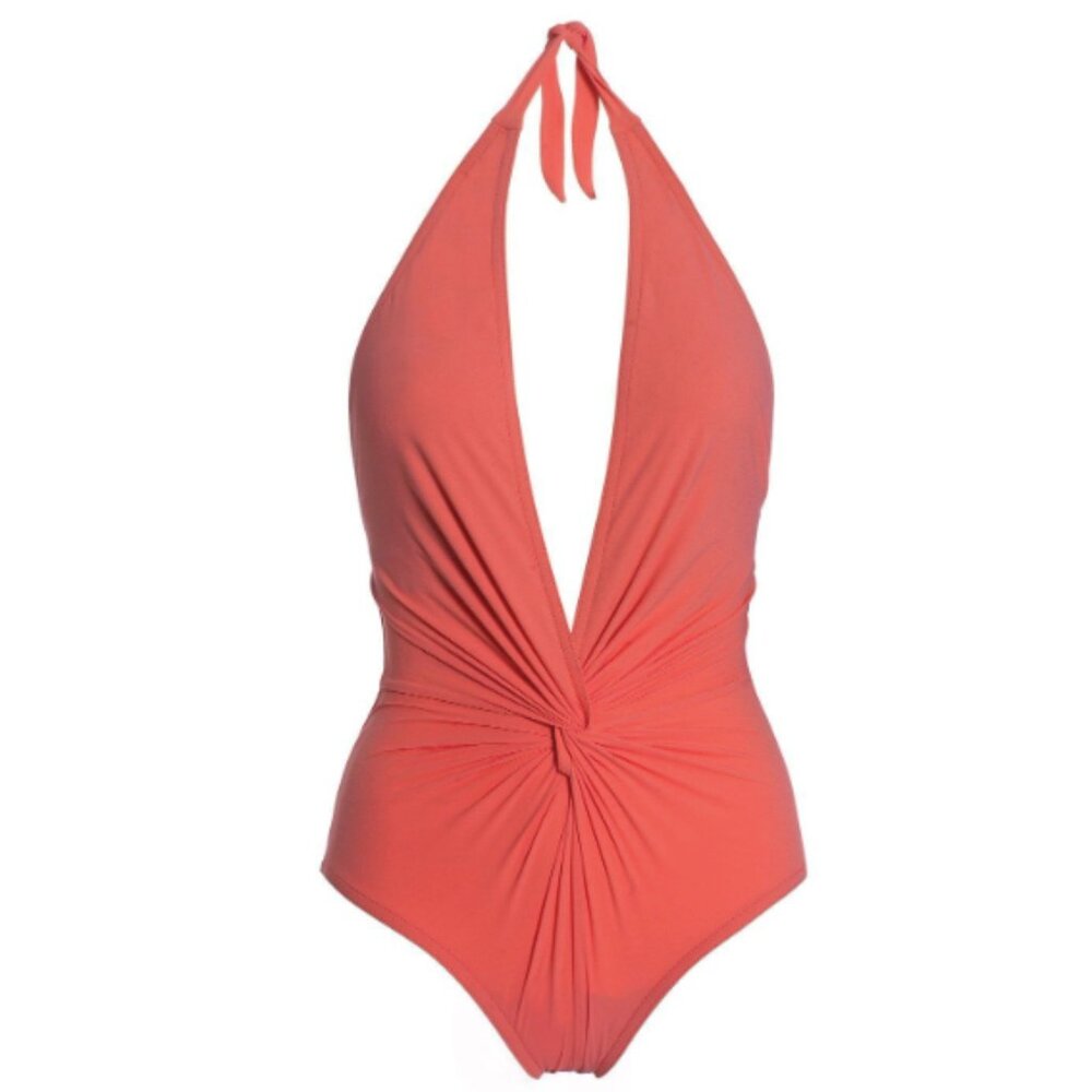 NWOT Robin Piccone 1-Piece Halter Summer Swimsuit in Coral Pink Size 6